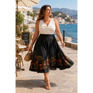 Chico's Wrap Skirt Women Size 2 Black Floral Cotton Tropical A-Line Midi